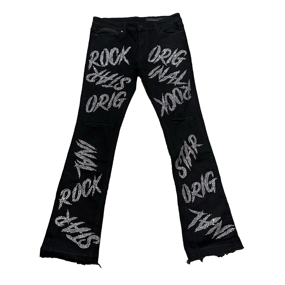 Rockstar Original Cato Graphic Stacked Flared Jeans Black Rhinestone Mens 36